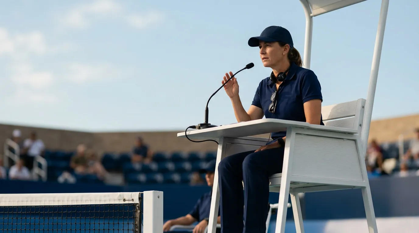 Juez de silla de tenis profesional supervisando un partido en pista central, símbolo visual de la vigilancia de integridad deportiva que ejercen ITIA e IBIA